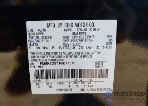 2018 Ford Explorer Xlt из США, поврежденный, VIN 1FM5K7D87JGB77576